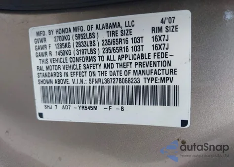 2007 Honda Odyssey Ex-L z USA, uszkodzony, nr VIN 5FNRL38727B068233